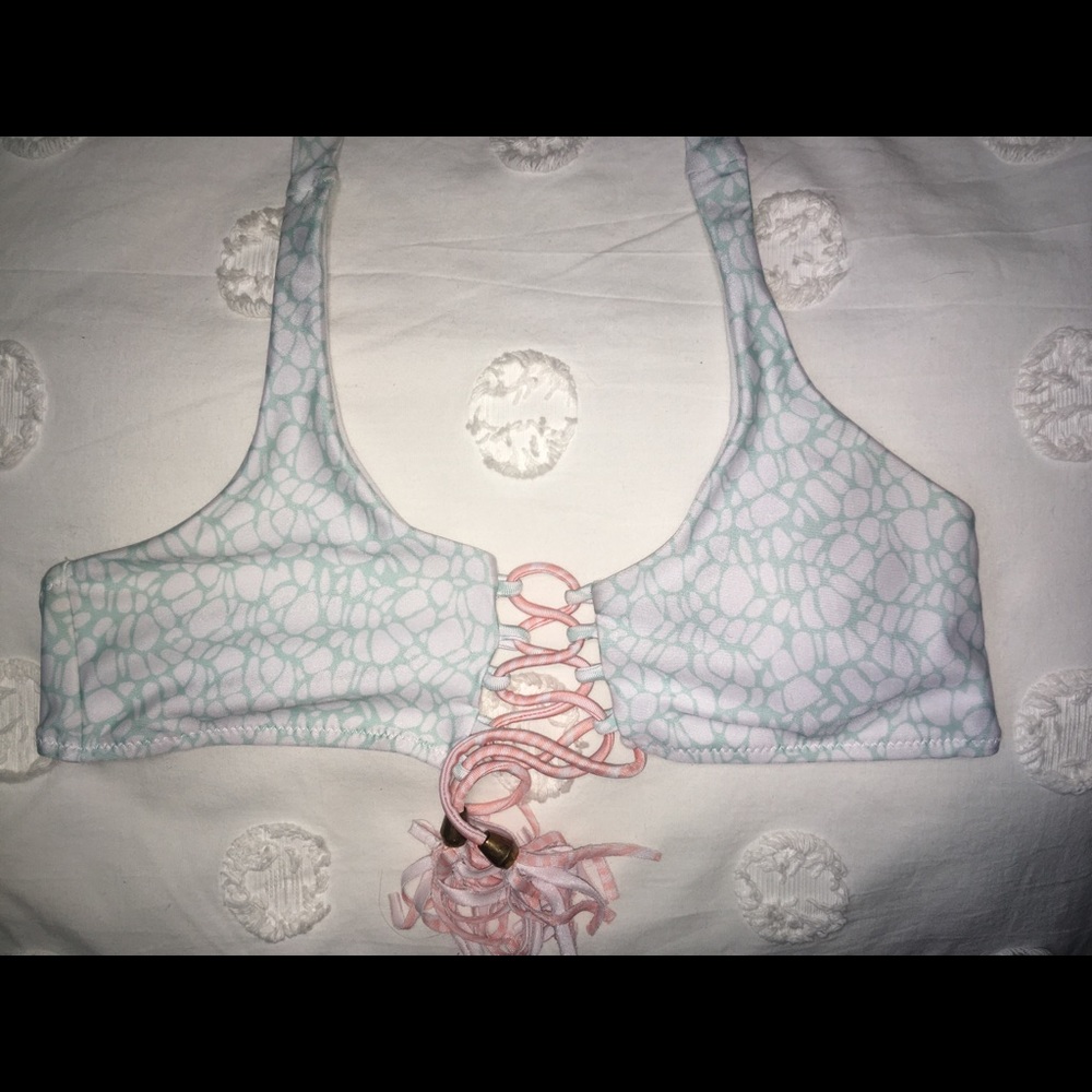 Blue and White Print Swim Top with Peach Tie